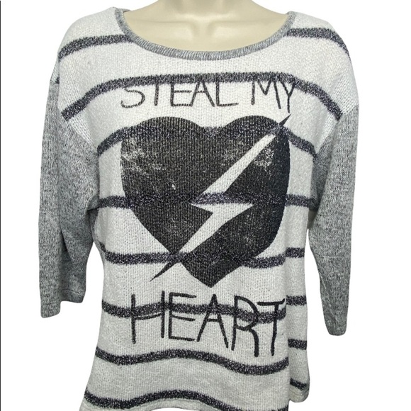 Stranded Juniors “Steal My Heart” Striped Knit Sweater L White Black Gray 3/4 - Picture 1 of 11